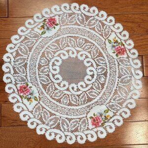 Round White Lace Doily Floral Embroidery 14.5" Decorative Vintage Table Accent